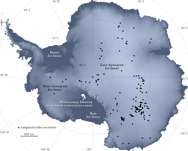 Antarctica map showing subglacial lakes