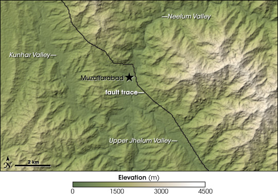 Map of fault trace from the 2005 Kashmir earthquake overlaid on a topographic map.