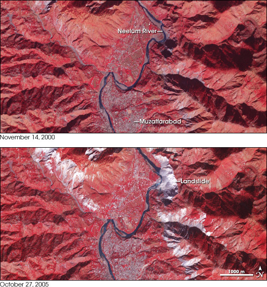 Satellite images from before and after the 2005 Kashmir Earthquake.