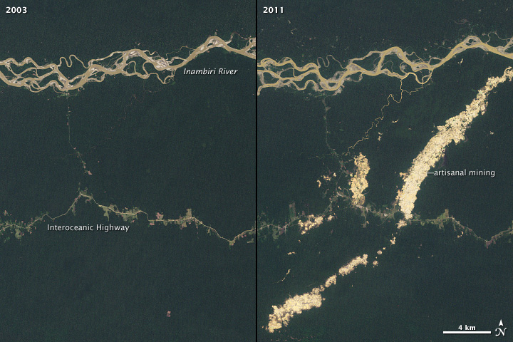 Landsat images showing the growth of gold mining in the Peruvian Amazon.