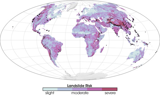 Map of landslide susceptibility and recorded landslides.