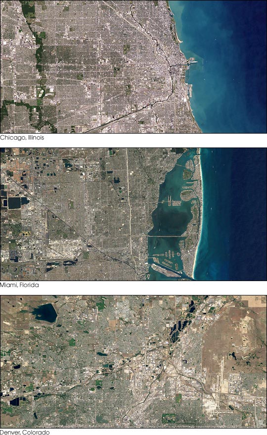Landsat Images of Chicago, Miami, and Denver