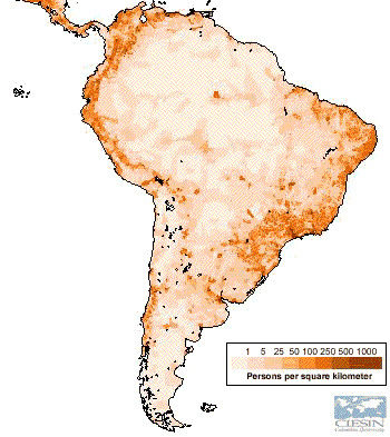 Population density in South America.