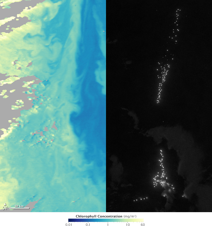 Map of chlorophyll vs night lights on April 17 and 18, 2012.