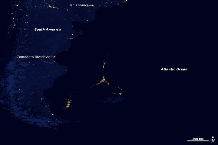 Composite satellite image of lights—Argentina coast.