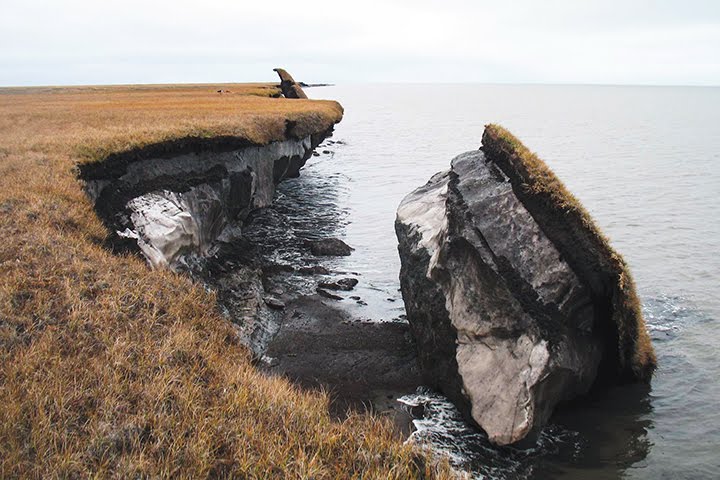 Exposed permafrost along the coast of Alaska.