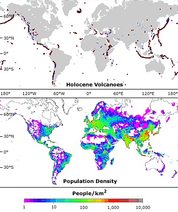 Volcano distribution and population density.