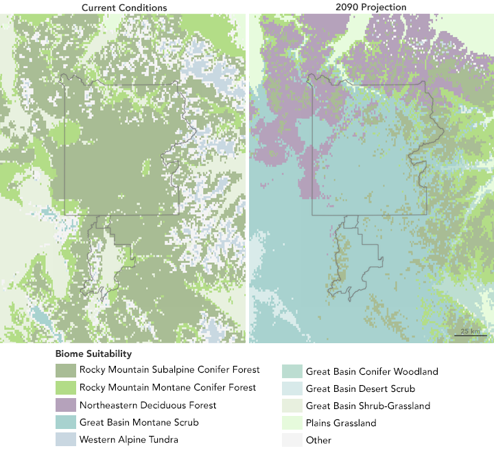 Maps of biome change expected within and around Yellowstone Nationkal Park