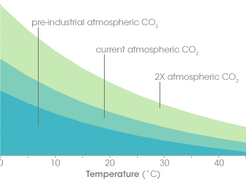 Graph of carbon dioxide concentration in water versus temperature at 3 different atmospheric concentrations.
