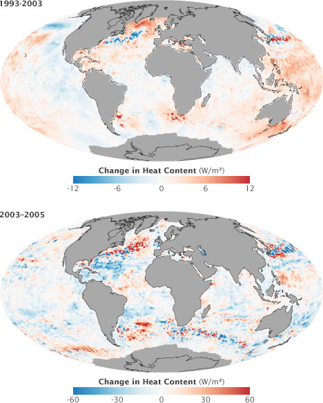 Maps of change in heat content in the oceans from 1993 through 2003, and 2003 through 2005.