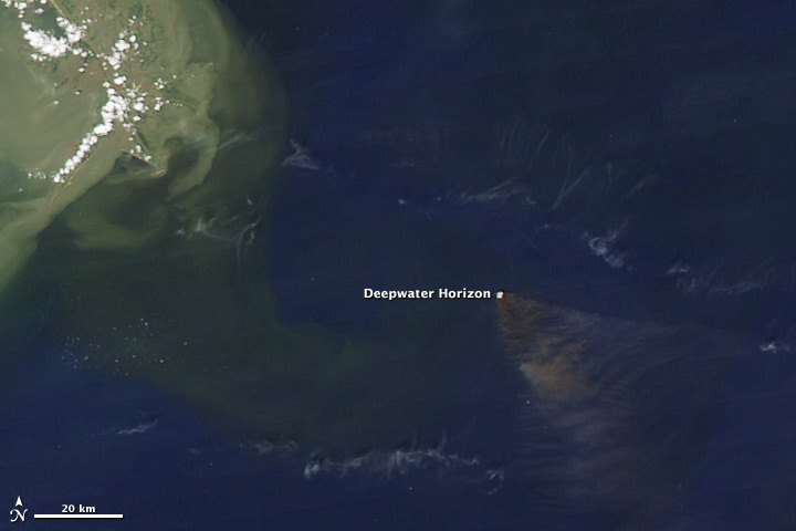Satellite image of the smoke plume from the burning Deepwater Horizon platform.