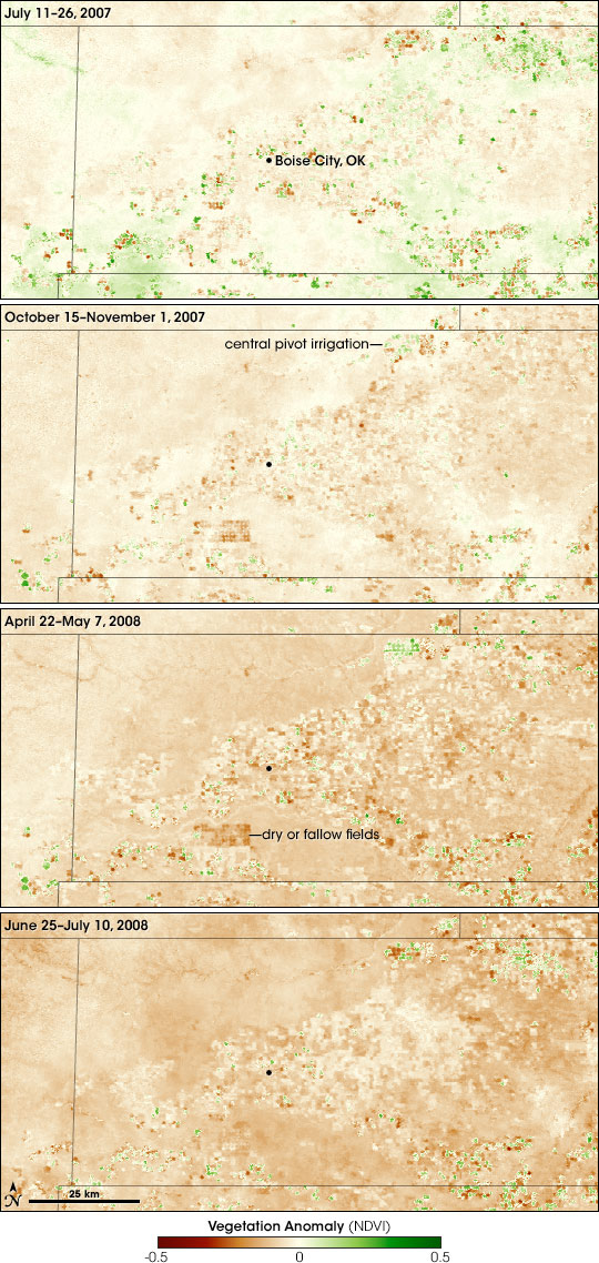 Maps of vegetation anomaly in the Oklahoma Panhandle during 2007 and 2008.