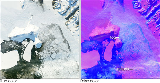 Antarctic fog and clouds in true- and false-color images
