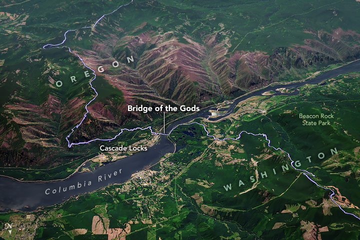 A satellite image of the Bridge of the Gods and Columbia River at the Washington/Oregon border.