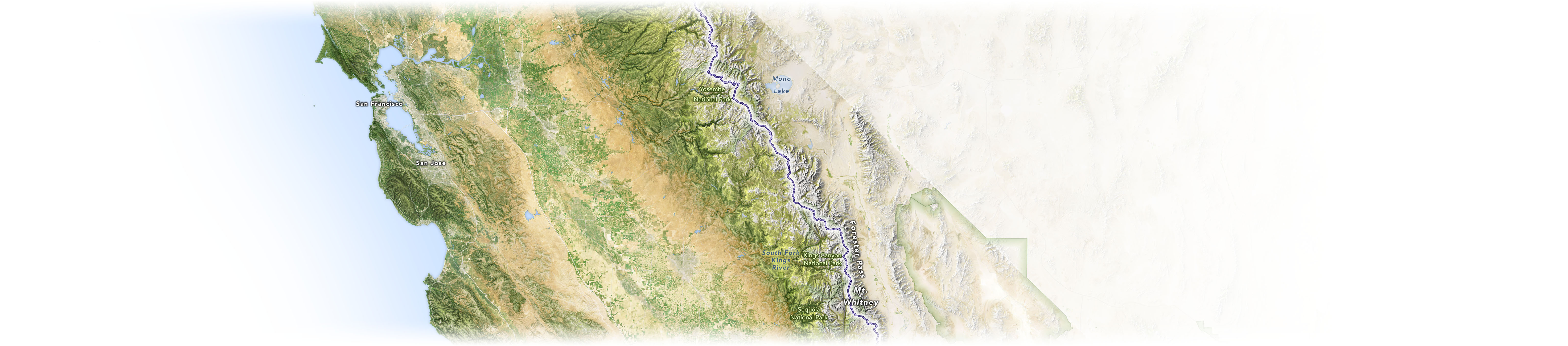 A map of the Pacific Crest Trail and nearby landmarks in central California.