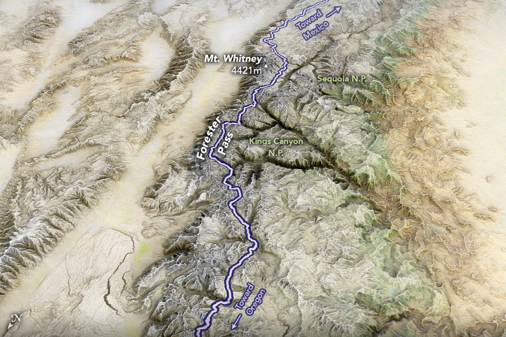 A satellite image of the Pacific Crest Trail and Forester Pass.