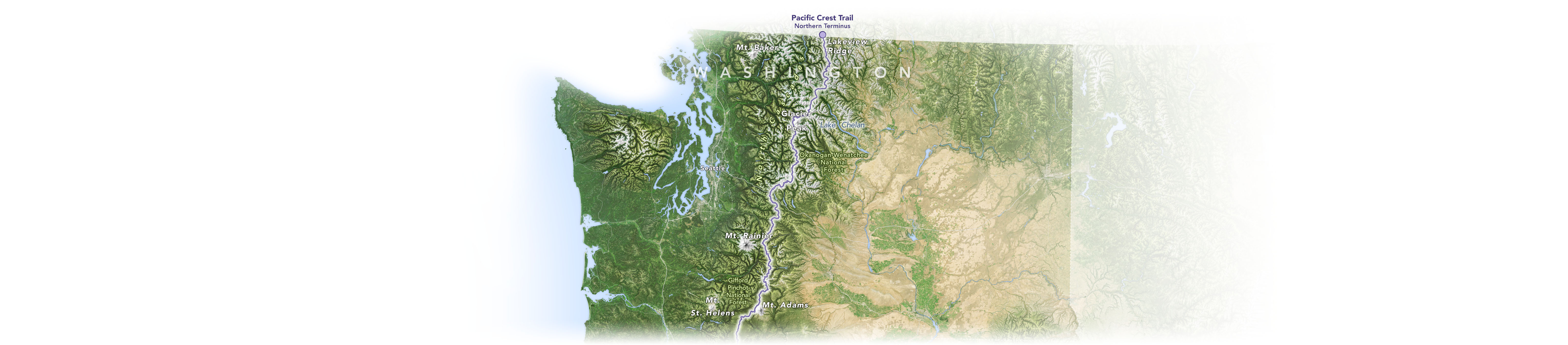 A map of the Pacific Crest Trail and nearby landmarks in the state of Washington.