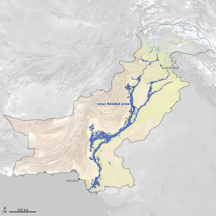 Map of the total extent of flooding in Pakistan during 2010.