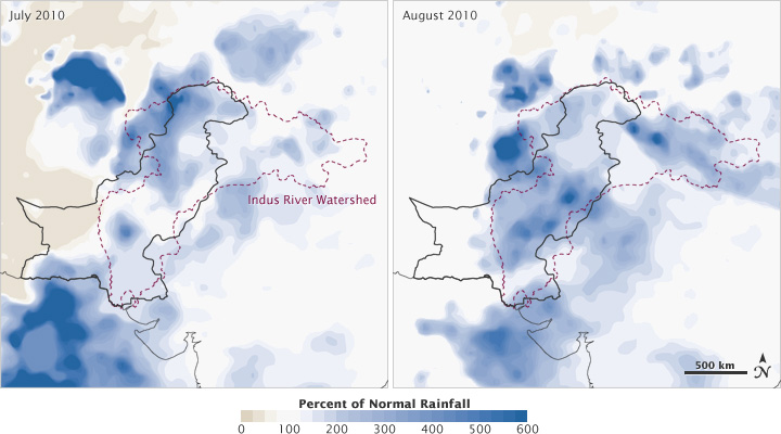 Maps of rainfall anomaly in Pakistan, July and August 2010.