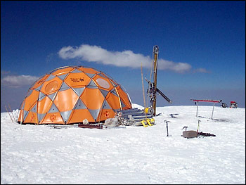 Photograph of ice core drilling station on the summit of Nevado Coropuna, Peru