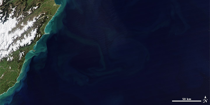 Satellite image of the ocean off the coast of New Zealand on October 11, 2009.