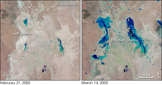 Satellite image pair showing flooding of salt pans in Afghanistan and Iran