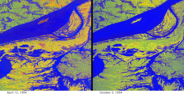 Radar image pair showing changes near the Manaus River, Brazil from April to October, 1994.