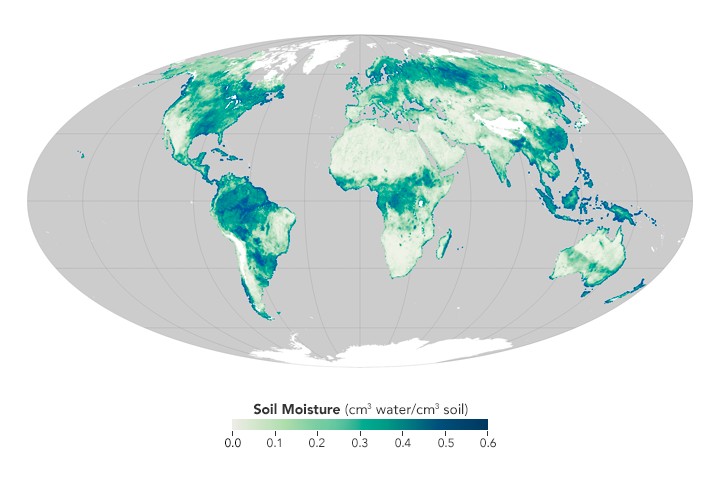 Map showing that the SMAP mission can measure soil moisture across the globe.