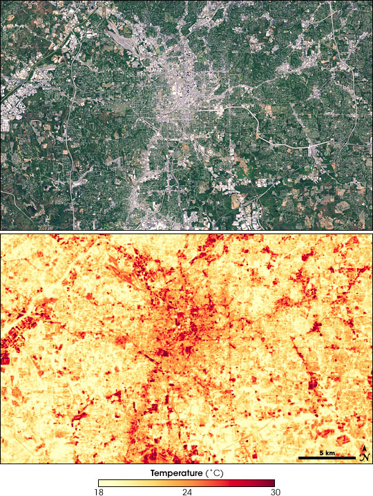 Pair of satellite image showing the Atlanta metropolitan area and temperature on a summer day.