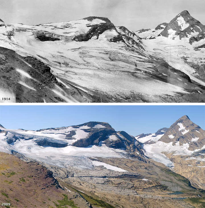 Photographs of the Blackfoot and Jackson Glaciers in 1911 and 2009.