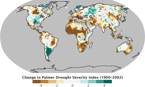 Map of the trend of the Palmer Drought Index from 1900 through 2002.