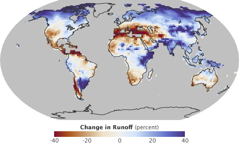 Map of predicted changes in runoff for 2084.