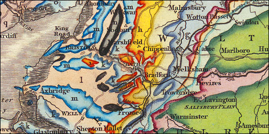 A portion of Smith's New Geological Map of England and Wales centered around Bath, England.