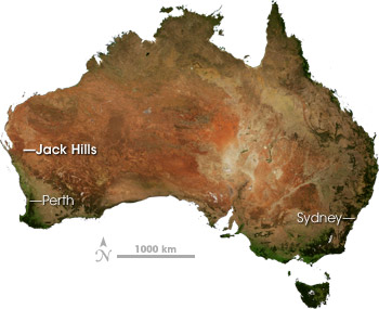 Map of Australia with the Jack Hills highlighted