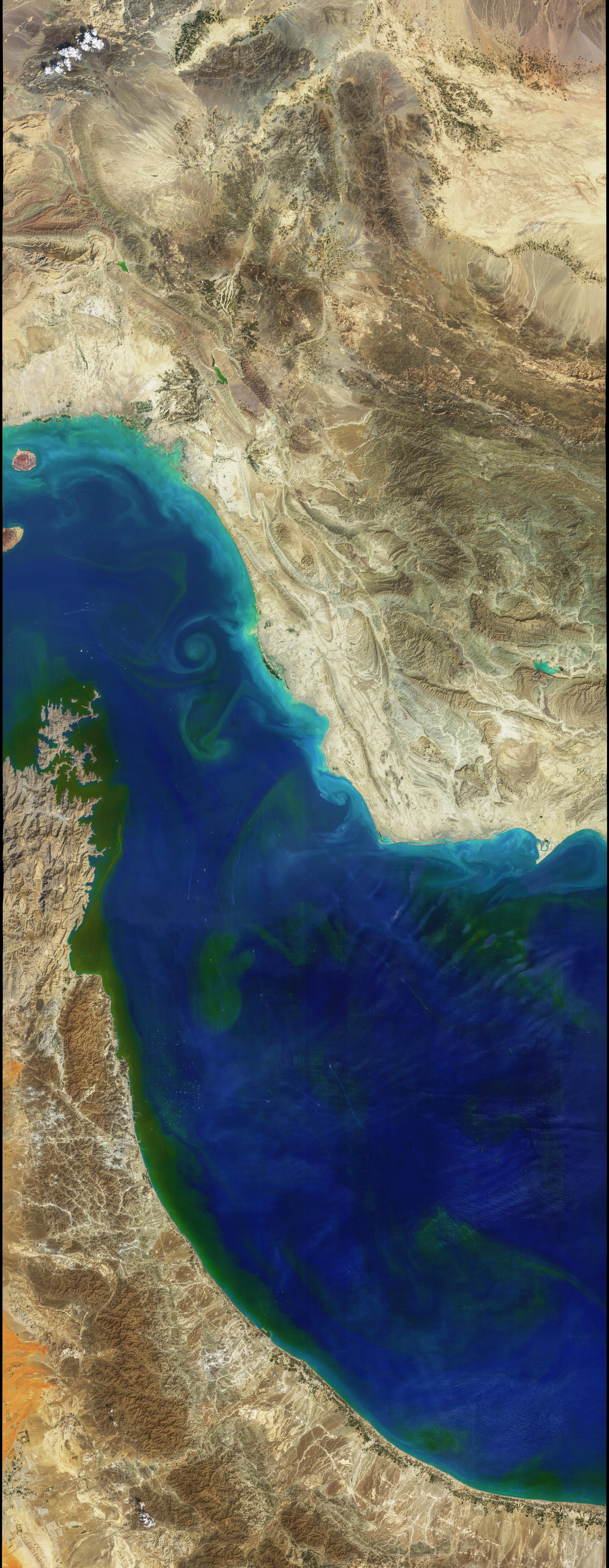 NASA Earth Observatory satellite image of the Strait of Hormuz.