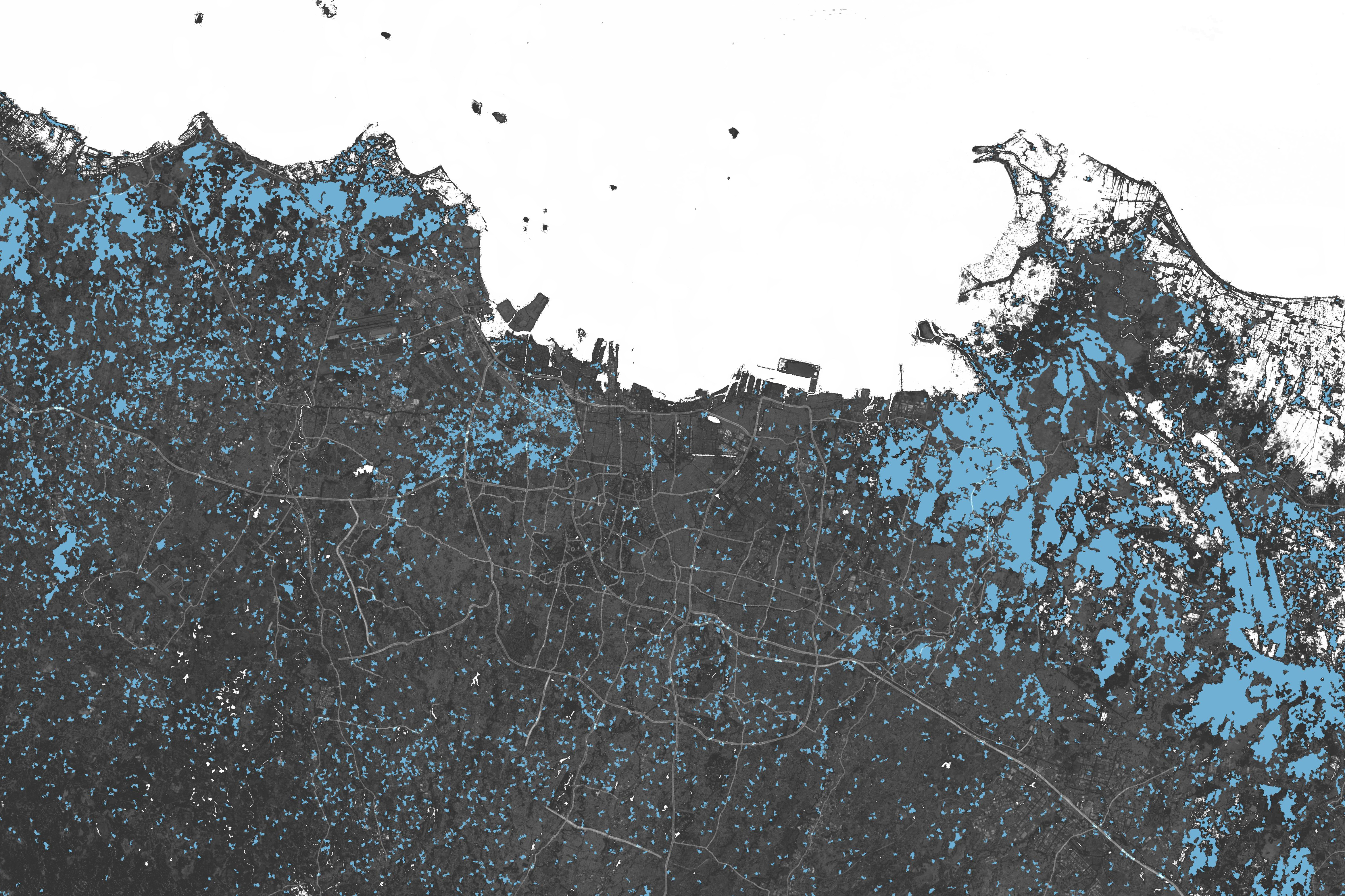 Flood proxy map of the greater Jakarta region derived from Copernicus Sentinel-1 SAR data showing inundated areas in blue against urban background during January 2020 flooding