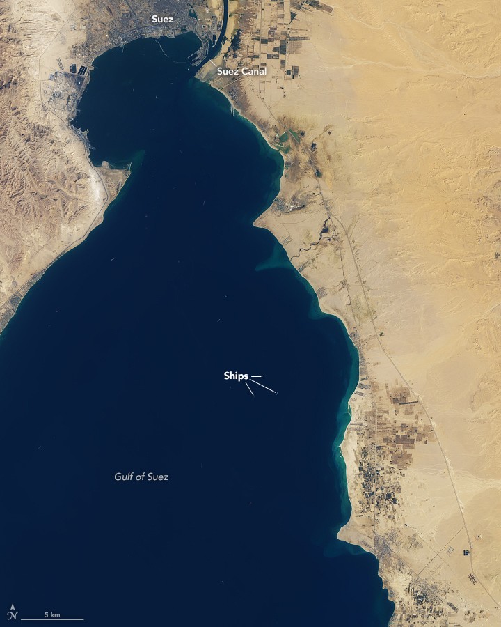 Satellite image of the Ever Given blocking the Suez Canal.