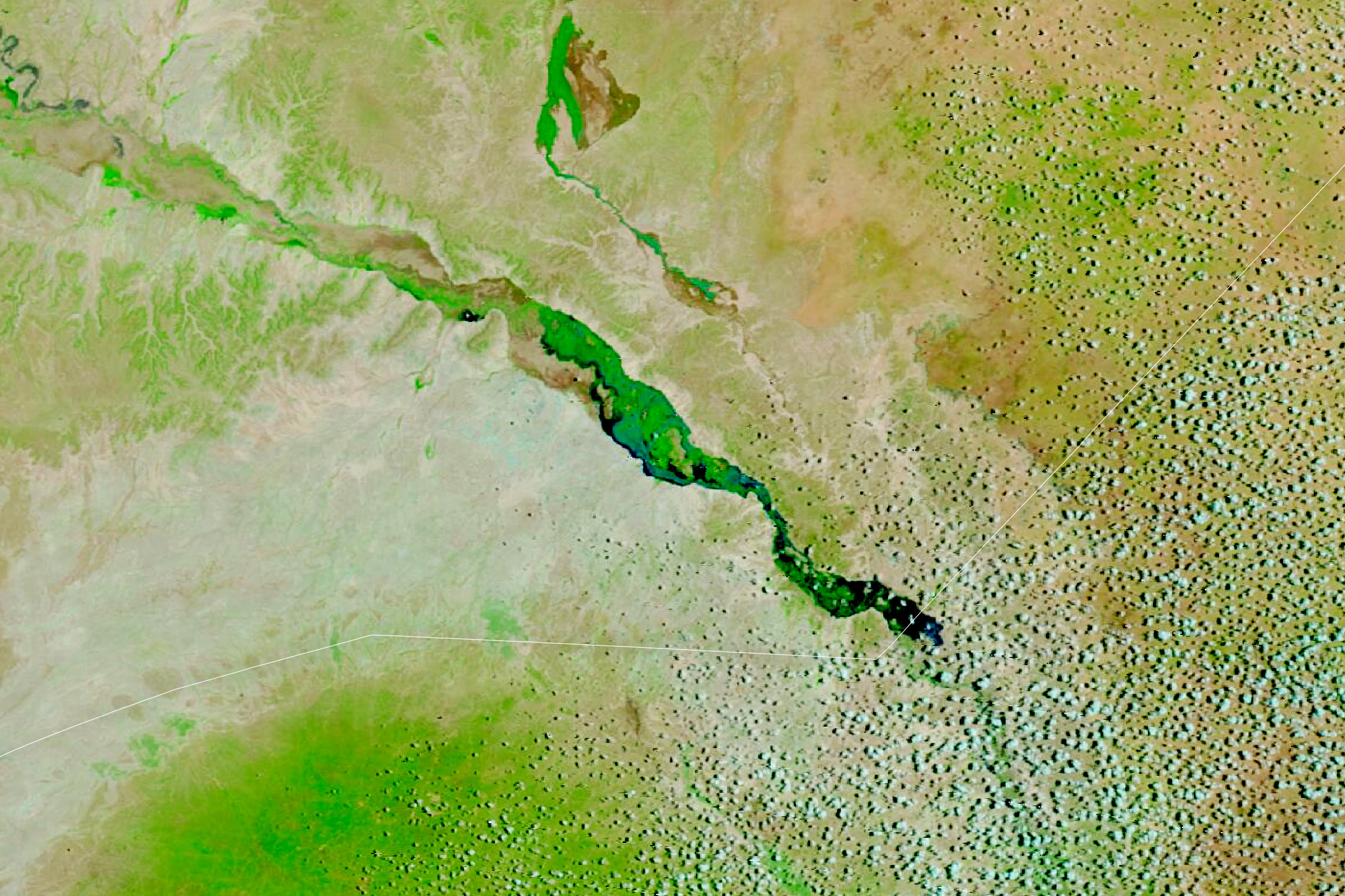 NASA MODIS satellite image of the swollen Shabelle and Juba rivers in Ethiopia and Somalia in April 2023 after heavy rains followed a multi-year drought