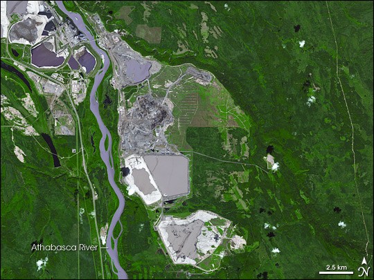 NASA ASTER satellite image of the Millennium open-pit oil sands mine in Alberta