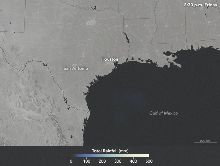 Animated map shows heavy rainfall from Hurricane Harvey over Texas and Louisiana, with bright colors indicating over 20 inches in some areas.