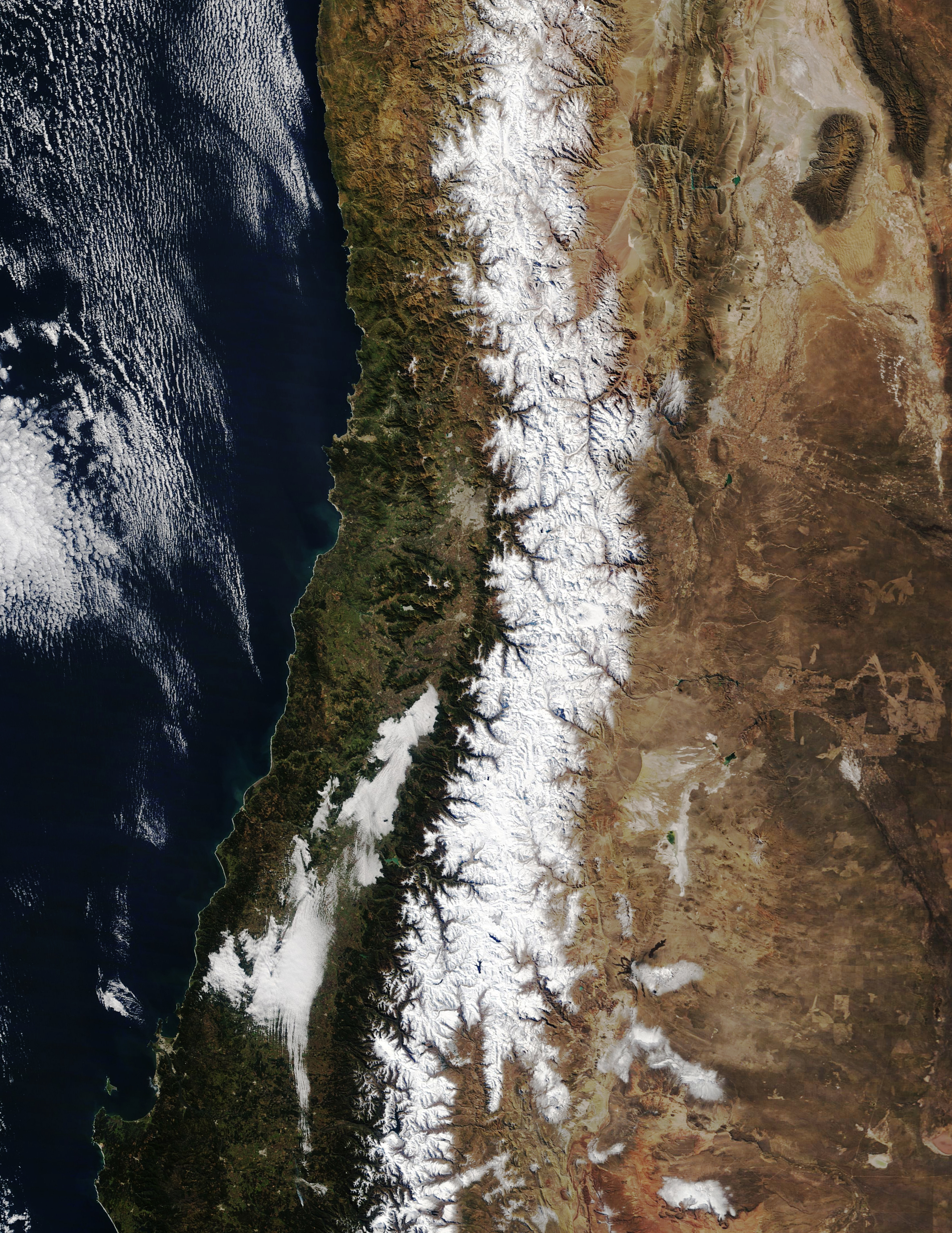 Snow-covered Andes mountain range, NASA satellite image