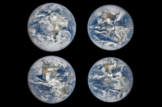 Four full-disk images of Earth are arranged in a two-by-two grid. The December image on the upper left shows the South America centered with Antarctica visible. The June image features parts of North America and Arctic sea ice that were not visible in December. The March and September images have South America and North America in more intermediate positions.