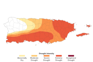 A map of Puerto Rico shows that 75 percent of the archipelago is abnormally dry or in drought. Areas of extreme drought, shown in dark orange, cover the eastern and southwestern regions of the main island.