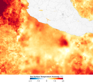 A map depicts sea surface temperature anomalies off Mexico's Pacific coast on September 23. Deep red areas highlight areas 3°C above the norm for that date. A dotted line traces the storm's path from September 20 to September 23 as it moved through the unusually warm waters.