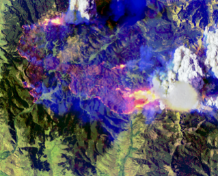 False-color aerial image of the same wildfire. Active fire fronts appear bright pink, magenta, and yellow around a large brown burned area. A towering white pyrocumulus cloud rises from the fire at right. A smooth, thin pileus cloud obscures part of its top.