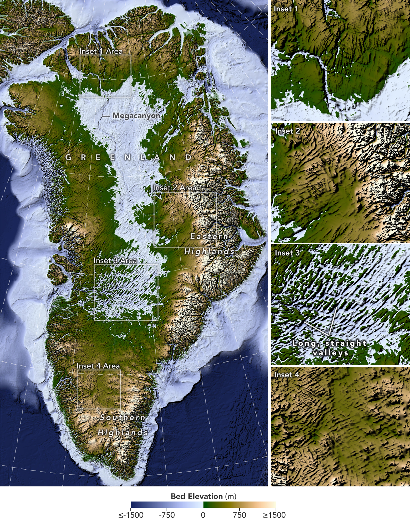 Carte du relief rocheux situé sous l'inlandsis du Groenland, accompagnée d'agrandissements montrant de longues vallées rectilignes, un mégacanyon et des vallées rayonnant depuis les hauts plateaux