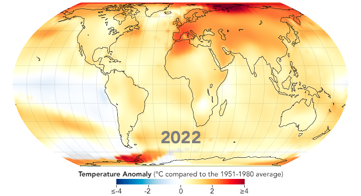 Map of global temperature anomalies in 2022
