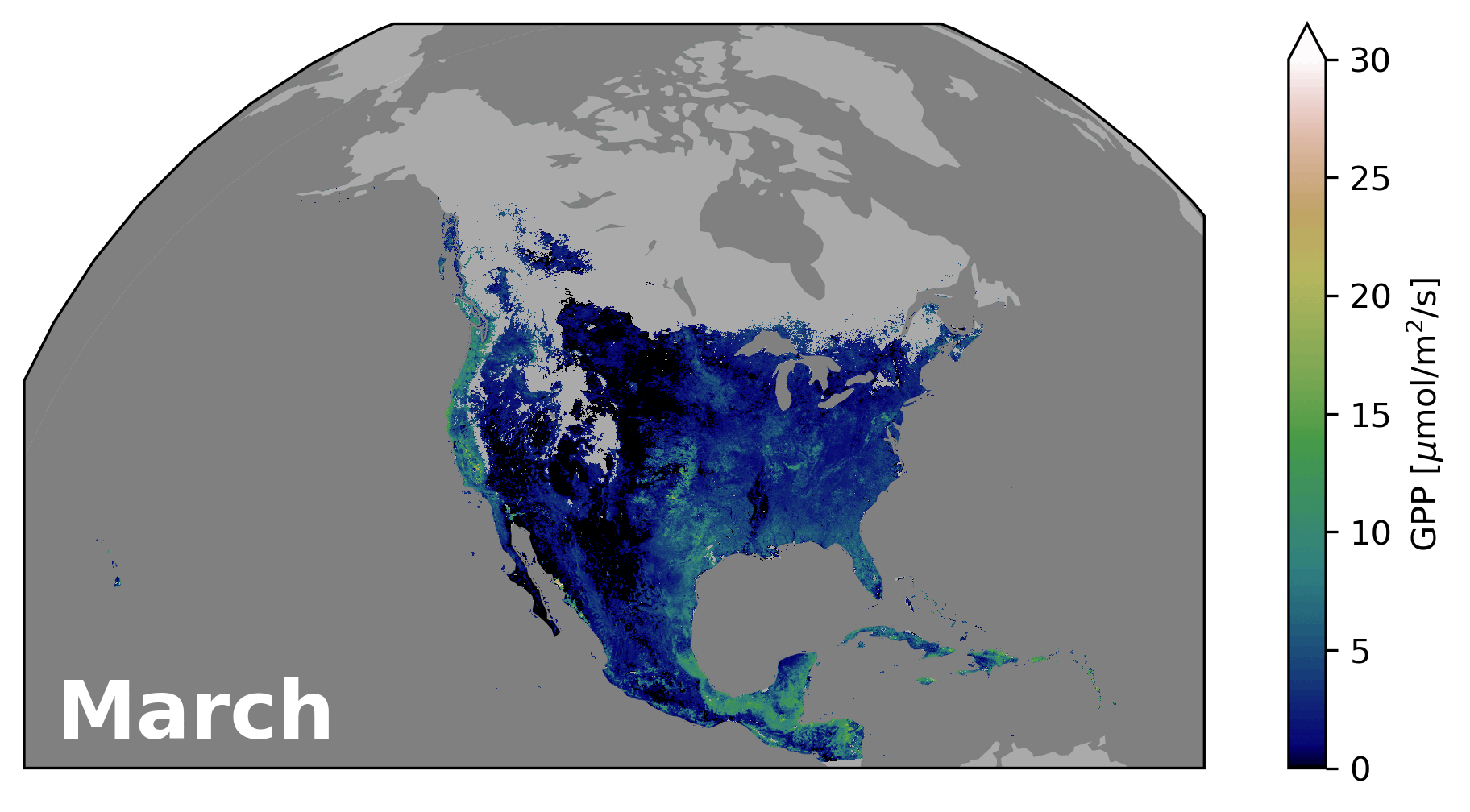 A map of North America changes colors showing how plant productivity moves further north as Northern Hemisphere winter progresses.