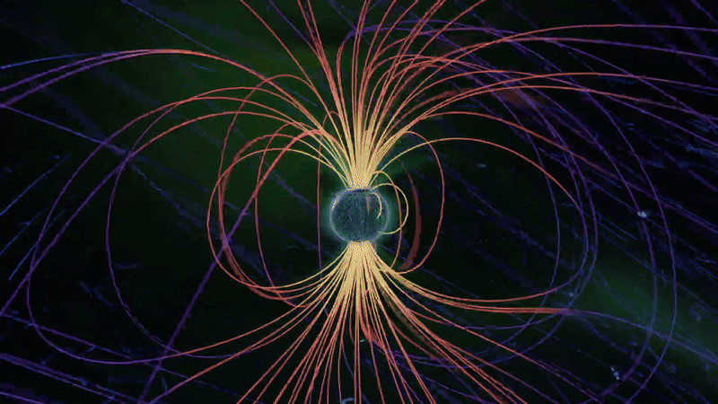 Animation of a simulation created based on the MAGE model's data of how Earth's magnetosphere reacted to being hit by a geospace sotrm in May 2024.
