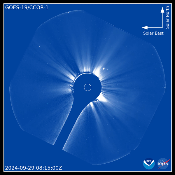 Blue and white shaded image of a Coronal Mass Ejection erupting from the Sun